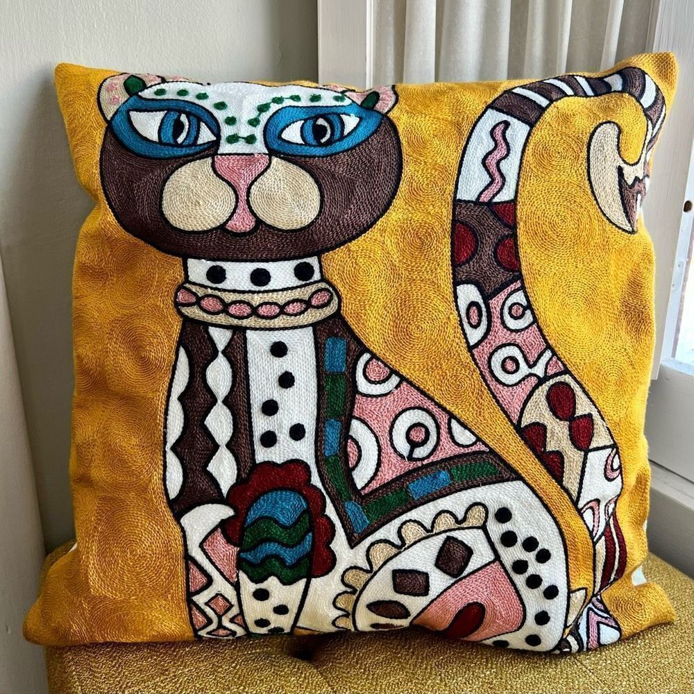 Embroidered Gold Abstract Cat Throw Pillow Cover 18x18